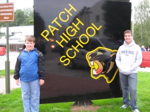 Andrew and Joshua in front of Patch High School (Patch Elementary School is located next to the high school.)