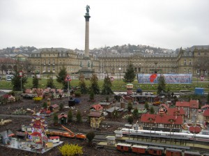 The Marktplatz in downtown Stuttgart with the miniature village and elaborate model trains.