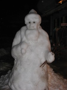 A ghostly white figure of a snowy St. Nicolaus greets visitors in Ettal